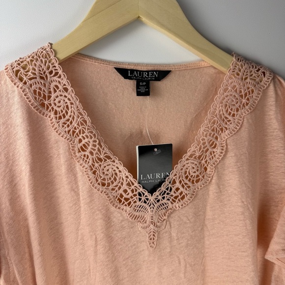 NWT Ralph Lauren Pink Flutter Sleeve V Neck Lace Trim Top — Size Small - Picture 8 of 11